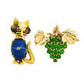Two figural 14k gold jewels green garnet grape cluster slide approx 3 cts tw 1 18 x 1 14 cat brooch sodalite tigers eye and garnet 1 14 107 dwt