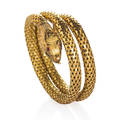 Whiting and davis coiled serpent bracelet gilt metal mesh with chased head and tail ruby eyes protruding tongue in open mouth ca 1910 oval mark wd