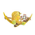 Krementz enameled art nouveau brooch enameled woman in profile with seed pearl dogwood flower on crescent newark nj ca 1910 marked 14k with krementz maker mark 1 18 x 58 15 dwt