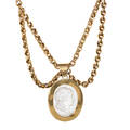 Victorian rock crystal intaglio on chain oval rock crystal with finely carved neoclassical portrait beveled and mounted in 14k yg pendant with rope twist border on fancy link built festoon chain 16