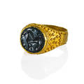 Ancient signet in granulated gold seal ring antique intaglio depicts a lion newer mount with precise granulation and roped edge at least 18k size 8 47 dwt