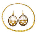 Archaeological revival gold bead necklace and earrings necklace bloomed with applied wirework and bright beads stamped 14k 14 14 drop earrings with toned applied wirework and granulated oval fra