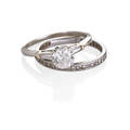Diamond 14k white gold engagement ring and band rbc diamond approx 117 cts flanked by tapered baguettes in 14k white gold setting with single cut diamond eternity band melee approx 55 ct mid