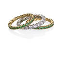 Stack of three gemset eternity bands platinum band with 20 rbc diamonds in shared prong settings approx 180 cts tw two yg bands set with green garnets signed spark ca 2000 sizes 6  6 1
