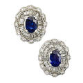 Sapphire and diamond 18k white gold earrings two oval faceted sapphires approx 180 cts tw and radiating channel set baguette cut diamonds framed by baguette and rbc diamonds approx 18 cts t
