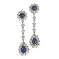 Diamond  sapphire 14k white gold pendant earrings circular cut sapphire and diamond cluster surmounts suspend pear shaped sapphire and diamond clusters from diamond set links sapphires approx 250