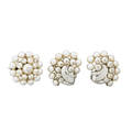 Retro pearl and diamond white gold suite pair of clip earrings and a brooch composed of spherical saltwater pearls some inlaid with diamonds bright white gold and diamond accents approx 75 ct t