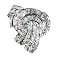 French diamond platinum fur clip dimensional cluster of ribbons and volutes rbc and baguette cut diamonds approx 360 cts tw ca 1948 french control marks for platinum and 18k wg hinged double