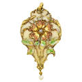 Art nouveau enameled gold pendant wild rose and foliage rendered in shaded enamels on cream colored pliqueajour ground diamond and pearl accents 18k unmarked 2 18 73 dwt