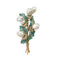 Buccellati jeweled gold bouquet brooch baroque pearl flower heads and white gold rose cut diamond petals among turquoise set leaves mid 20th c incused mark buccellati 3 14 198 dwt