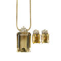 Citrine and diamond gold and platinum suite pendant on chain and earrings with step cut citrines below graduated lines of single cut diamonds in platinum melee approx 56 ct tw pendant on 14k yg