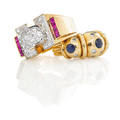 Two gemset retro gold rings with diamonds 18k gold odeonesque diamond and ruby ring size 8 12 spherically lobed 14k gold ring inset with faceted round sapphires and diamonds size 5 diamonds app