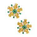 Retro emerald diamond 18k gold earrings cluster of round brilliant cut emeralds and radial diamond and emerald accents on bright yellow gold ca 1950 marked for preformed parts patent clip back