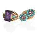 Two retro gold rings with turquoise and rubies step cut amethyst approx 17 cts by formula flanked by round faceted rubies and turquoise cabochon yg straps on open yg graduated hoop unmarked