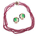 Ruby jade or emerald assembled suite four strand graduated ruby bead torsade joined by ruby emerald diamond and pearl 14k yg shortest strand 17 carved jade ruby onyx diamond 18k yg clip e