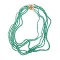 Emerald bead torsade necklace six graduated strands of faceted oblate emerald beads joined by cast 14k yg filigree clasp late 20thearly 21st c marked 14k shortest strand 14 12 609 gs tw