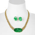 14k yellow gold and carved jade jewelry three piece assembled suite handbuilt necklace with oval carved nephrite tablet 37 x 201 x 23 mm in conforming frame joined to graduated double infinity