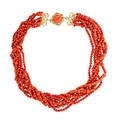 7 strand red  deep orange coral torsade necklace tubular and spherical beads 14k yg coral clasp 17 12 92 gs gw