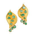 Emerald 18k gold large biomorphic earrings bright curvilinear panels bezel set with and suspending variously shaped faceted bright green emeralds approx 9 cts tw hinged back with bent posts ca