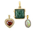 Three contemporary gold gem or diamond pendants oval white opal with diamond surround faceted heart shaped spessartite garnet with diamond surround bail carved indian emerald pendant 14k yg mele