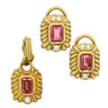Rubellite tourmaline and diamond 18k gold suite earrings and pendant with step cut pink tourmaline bezel set in ribbed yellow gold frame with rbc diamond accents approx 25 ct tw throughout attr