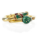 Nouvelle bague enameled 18k gold cuff bracelets two tubular asymmetric hinged bracelets with dotted green enamel one with diamond white gold accents one with red enamel 9  95 mm diameter 707