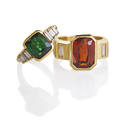 Two colored gemstone 18k yellow gold diamond rings minimalist geometrically mounted octagonal faceted madeira garnet 475 cts by formula square cushion cut green tourmaline 32 cts by formula b