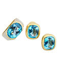 Marina b blue topaz gold ring and earring suite ring with oval faceted blue topaz horizontally set in substantial 18k yellow and white gold setting size 5 cushion shaped buff top blue topaz bezel