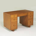 Th robsjohn gibbings widdicomb modern double pedestal desk grand rapids mi 1940s bleached mahogany brass decal label 29 12 x 48 x 24