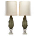 Murano pair of table lamps italy mid century blown glass marble single socket fabric shades remnant of a small circular label overall 35 34 x 14