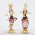 Murano pair figural dancers 1950s blown glass with gold inclusions female with paper bigaglia label larger 10 x 5 x 3