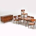 Modern dining room set extension dining table and three leaves six chairs four arm two side and sideboard usa 1960s walnut upholstery unmarked table 30 12 x 60 x 40 arm 32 12 x