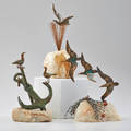C jere artisan house three tabletop sculptures bird with spray birds with anchor and birds in flight with net los angeles 1970s brass copper steel and quartz all signed foil label to b