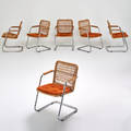 Style of milo baughman set of six armchairs usa 1970s chromed steel woven wicker oak armrests upholstered seats 32 12 x 22 x 23