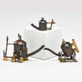 Studio set of three sculptural miniature teapots brasscopper marked illegibly tallest 3 14 x 4 12 x 2