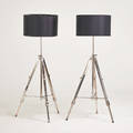 Contemporary pair of adjustable floor lamps india 2000s nickeled brass linen shades manufacturers labels each as shown 52 x 28 dia
