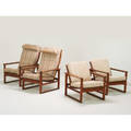Danish two pair lounge chairs 1960s oak teak woven cane upholstery taller 38 x 26 x 34