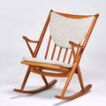 Frank reenskaug jesper international rocking chair denmark 1970s teak upholstery manufacturers label 34 12 x 26 x 32