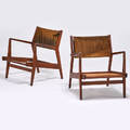 Jens risom jens risom design pair of lounge chairs usa 1950s sculpted walnut upholstery 29 x 27 x 28