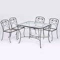 Salterini attr dining set glass top table and four chairs usa 1980s wrought iron unmarked table 39 x 40 12 x 30 12 chairs 31 12 x 17 14 x 20