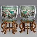 Chinese porcelain pair oversized jardinieres with teak stands late 20th c 33 14 x 21