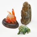 Asian three hardstone carvings stylized monkey rabbit and lion unmarked monkey as shown 3 12 x 2 12