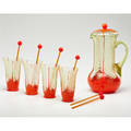 Czechoslovakian vaseline lemonade set lidded pitcher four glasses and six stirrers 1950s pitcher and glasses marked pitcher 11 12 x 6 12