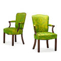 Federal style pair of open armchairs 20th c mahogany silk upholstery 38 14 x 23 12 x 21