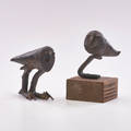 Stylized harpy eagles pair of bronzes one on wooden stand one signed one with label lamore larger 4 12