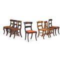 American klismos side chairs seven 19th20th c assembled group in mahogany one pair tiger maple four similar with horizontal slates and one associated chair largest 35 x 19 x 24