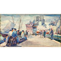 Joseph newman american 18901979 watercolor on paper of men along a dock framed signed 12 14 x 21 78 sheet