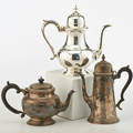 Sterling coffee and tea pots three watson examplar coffee pot and teapot together with cheltenham and co english queen anne teapot all marked tallest 10 641 ot