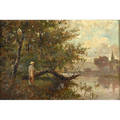H johnson 19th20th c oil on canvas of a woman standing along a river signed 16 x 24