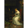Figure in interior 19th c oil on canvas of a young woman spinning framed signed molino 37 x 19